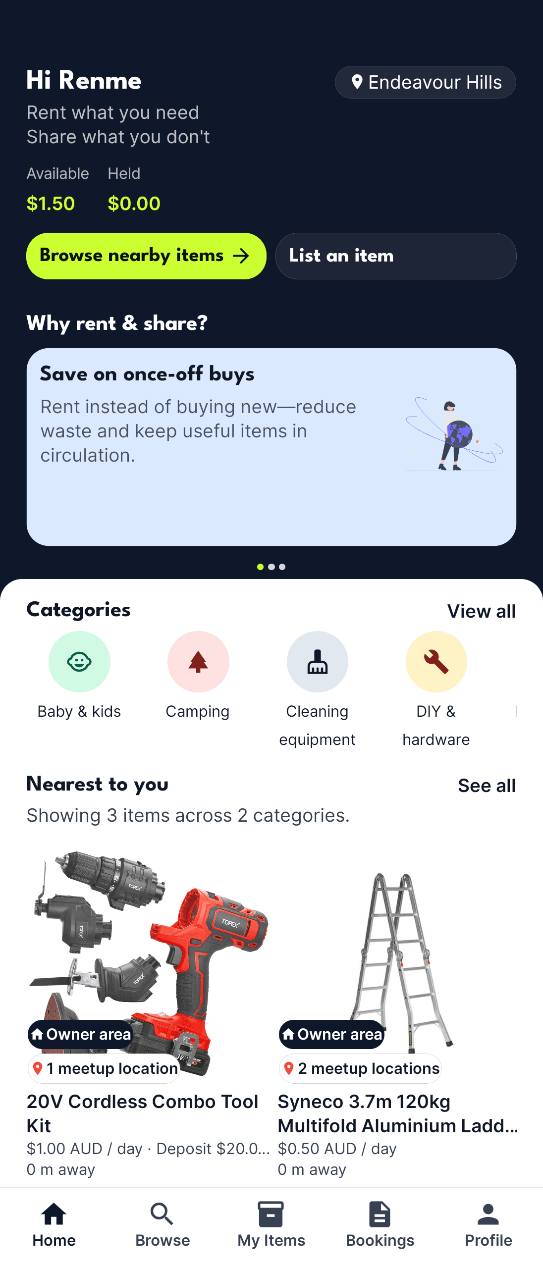 Renme home screen - discover items near you